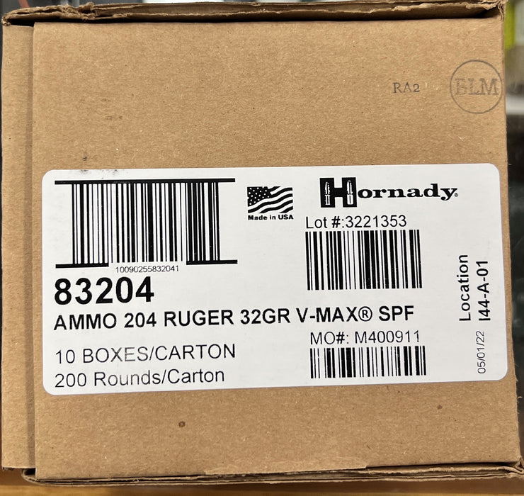 HORNADY CENTERFIRE 204 RUGER 32 GR VMAX CARTON 200 RNDS