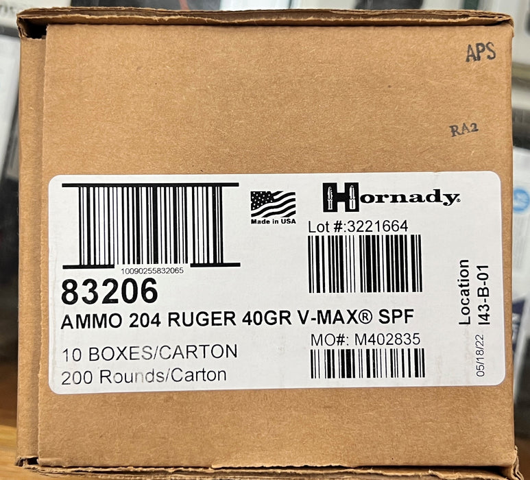 HORNADY CENTERFIRE 204 RUGER 40 GR VMAX CARTON 200 RNDS
