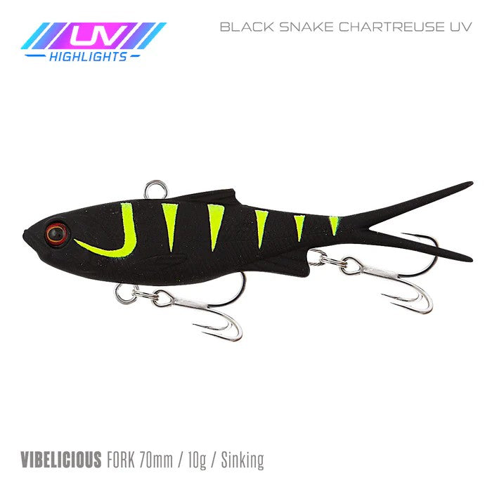 SAMAKI VIBELICIOUS 70MM FORK TAIL BLACK SNAKE CHARTREUSE [LURECOLOUR:BLACK SNAKE CHARTREUSE UV]