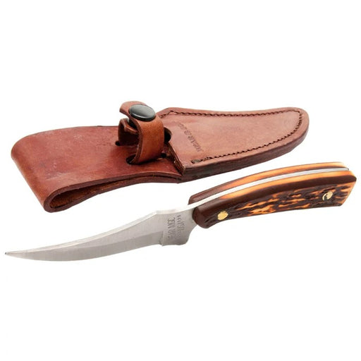 BEAR & SON 7 1/4" STAG DELRIN UPSWEPT SKINNER KNIFE WITH SHEATH