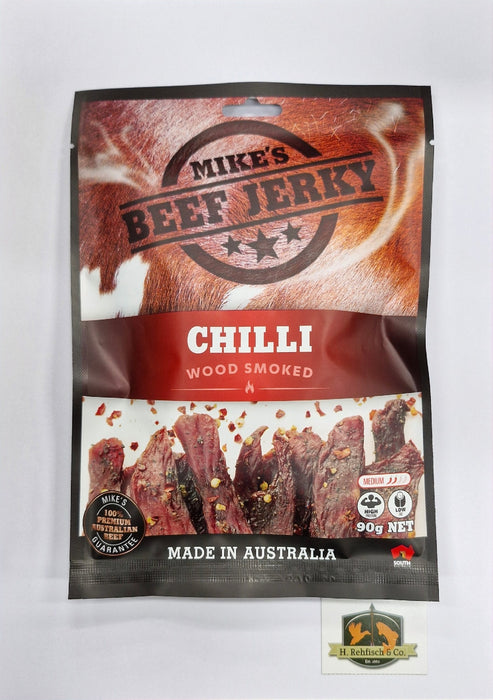 MIKES BEEF JERKY WOOD SMOKED CHILLI 90G PK