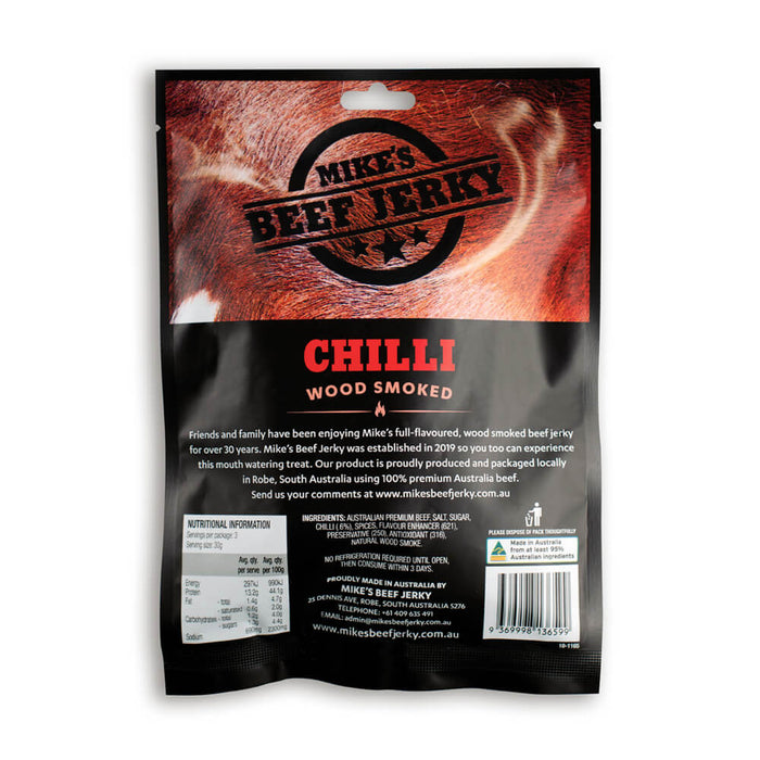 MIKES BEEF JERKY WOOD SMOKED CHILLI 90G PK