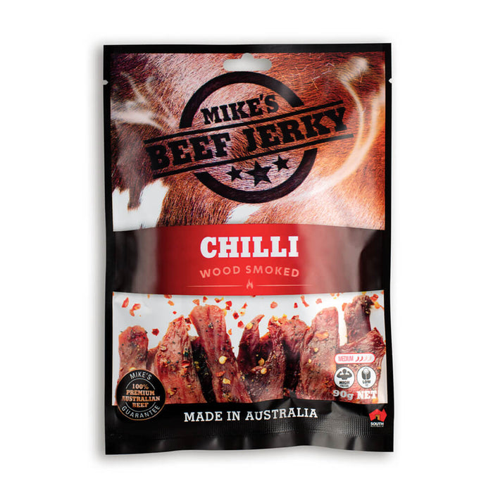 MIKES BEEF JERKY WOOD SMOKED CHILLI 90G PK