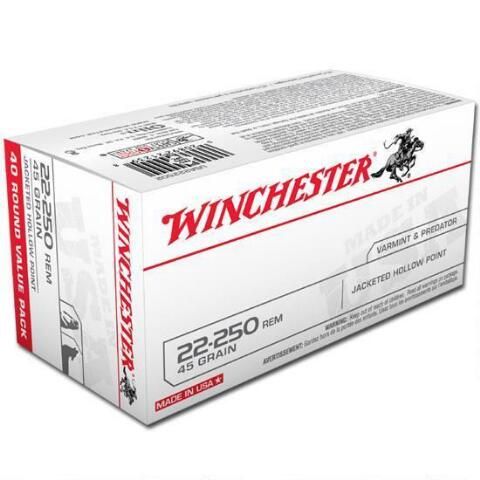WINCHESTER USA 22-250 REM 45 GR JACKETED HOLLOW POINT 40 PK